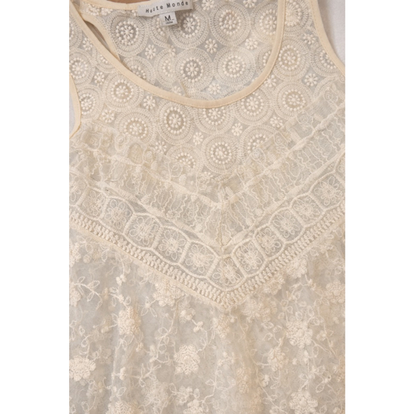 Haute Monde Boho Lace Tank Top Cream Crochet Fringe Hem Sheer Floral Size M
Dres - Picture 4 of 11